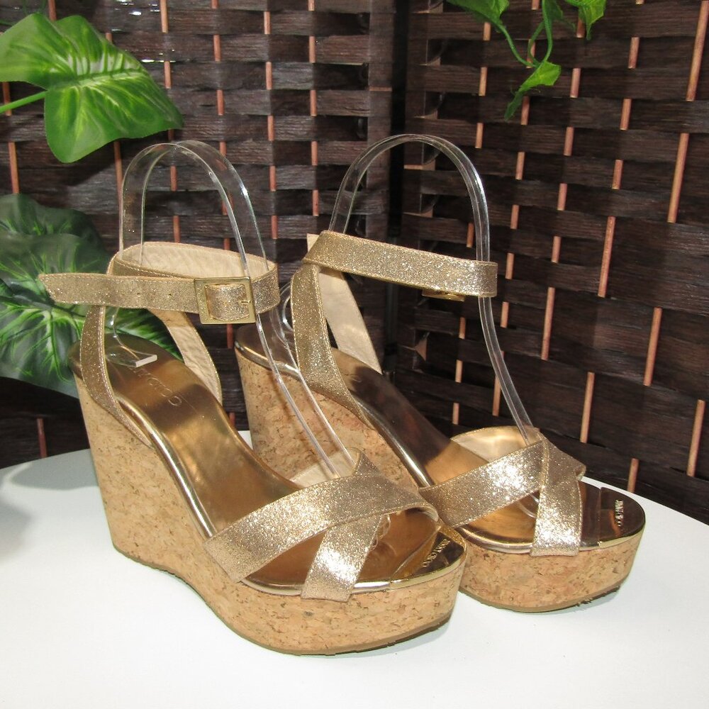 $3 START AUTH SIZE 6 US JIMMY CHOO WEDGE HEEL GOLD